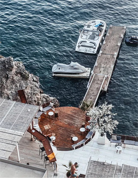 Waterside deck with tables
