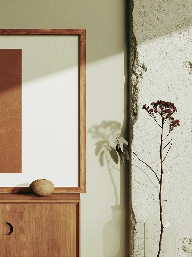 AI-generated interior with a mirror and dried flowers
