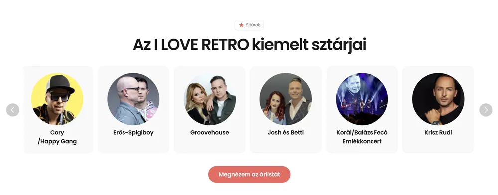 I Love Retro price list site, section layout