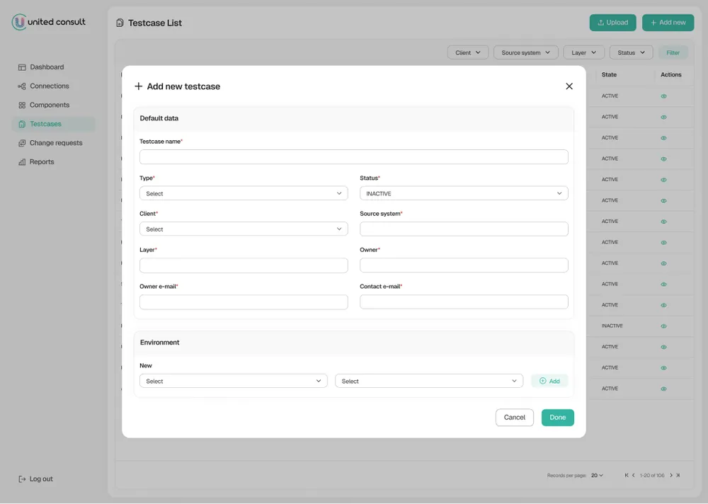 Test case management interface, new entry form