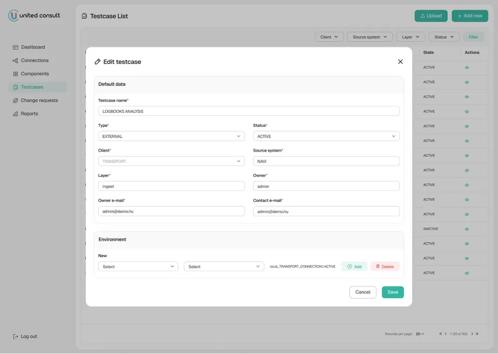 Test case management interface, edit view
