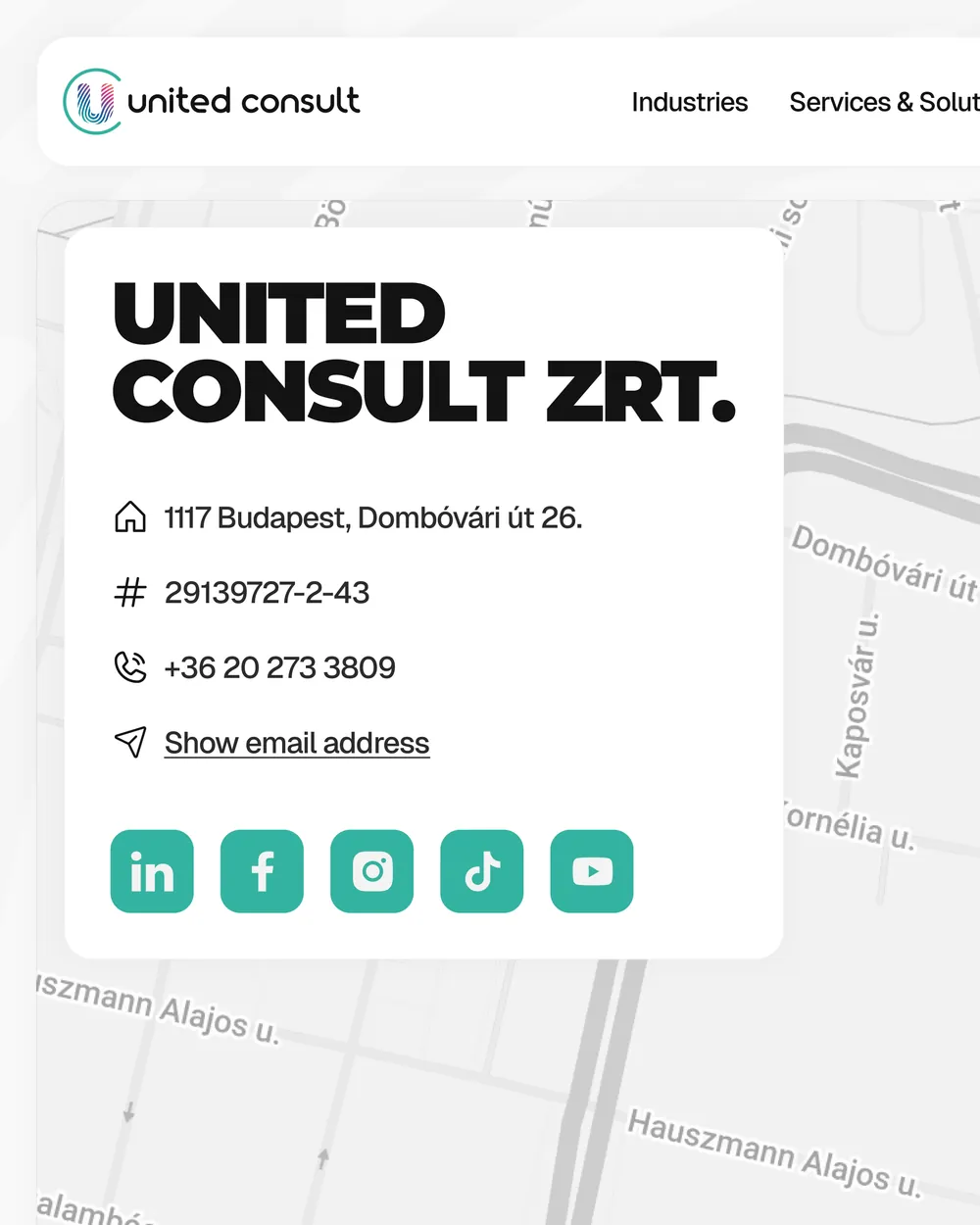 United Consult contact card on a map