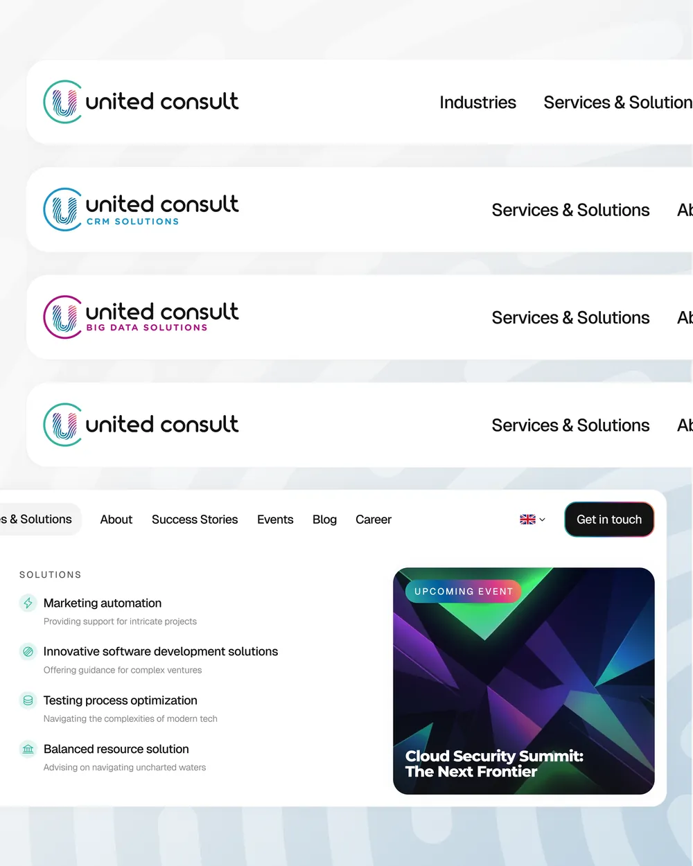 United Consult navigation bars for the sub-brands